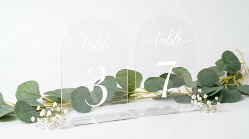 Clear Arch Acrylic Table Numbers for Wedding Reception - 5" x 7" White Font Centerpiece Set with Holder Stands & Head Table Sign - Anniversary, Event, Party, Wedding set 1-15 by SublimeSoir%C3%A9e