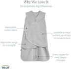 HALO 100% Cotton Sleepsack Swaddle, 3-Way Adjustable Wearable Blanket, TOG 1.5, Lamb Scribble White, Newborn, 0-3 Months - Image 3