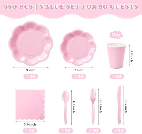 Vyntra Pink Paper Plates, Cups & Napkins, 350 Pcs Scalloped Party Set - Image 2