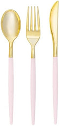 Luxe Party 128 Pieces Two Tone Plastic Disposable Cutlery | Forks-Spoons-Knives | Full Size | Chic Round | Blush and Gold by LuxeParty