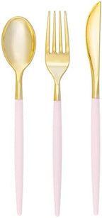 Luxe Party 128 Pieces Two Tone Plastic Disposable Cutlery | Forks-Spoons-Knives | Full Size | Chic Round | Blush and Gold by LuxeParty