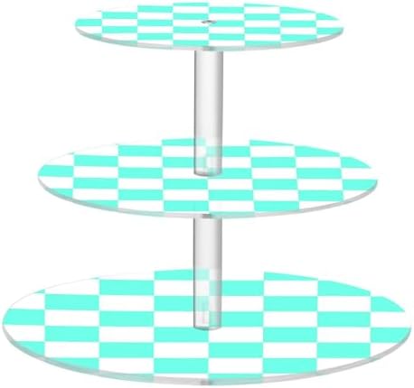 J JOYSAY Chess Checkerboard Neon Light Blue White Print Acrylic Cupcake Stand 3 Tier Dessert Table Display Set Clear Cake Stands for Party Wedding Baby Shower Decorations Easy Assembly Macaron Tower by J+JOYSAY