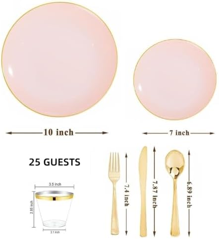 WDF 150Pcs Pink Plates Disposable - Pink and Gold Plastic Plates 25guest Disposable Dinnerware Include 25 Dinner Plate, 25 Dessert Plate, 25 Cutlery & 25 9oz Cups for Baby Shower/Wedding/Summer Party - Image 2
