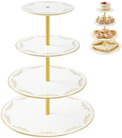 DUJUST 4-Tier Cupcake Stand Tower, British Style Porcelain Tiered Tray with Golden Trim & Pattern, Food Grade Dessert Display Stand, Beautiful Gift for Tea Party & Home Décor - White by DUJUST