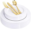U-QE 150PCS White Plastic Plates with Gold Cutlery - Include 60 Dinner and Dessert Plates, 30 Forks, 30 Knives, 30 Spoons, Ideal for Wedding and Party by U-QE