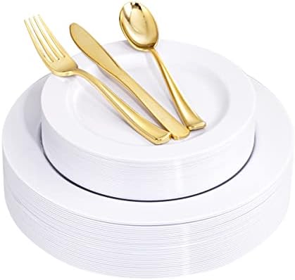 U-QE 150PCS White Plastic Plates with Gold Cutlery - Include 60 Dinner and Dessert Plates, 30 Forks, 30 Knives, 30 Spoons, Ideal for Wedding and Party by U-QE