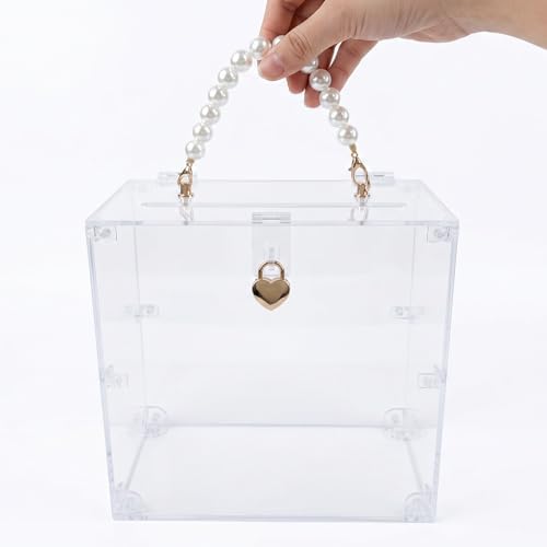 SHUMEI Clear Acrylic Suggestion Box with Pearl Handle and Heart Clasp, Portable Ballot Box for Wedding Cards, Elegant Display Box for Boutique Tips and Events - Image 5