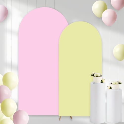 2PCS Pink & Light Yellow Arch Backdrop Covers for Arch Stand (7.2ft + 6ft) – Spandex Fitted Stand Covers for Weddings Baby Showers Birthday Party Supplies Decor & Photo Booths(Only Cover) by CORNERLACE