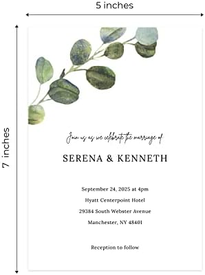 Personalized Eucalyptus Wedding Invitations / 25 Modern Watercolor Greenery Floral Custom Invites With White Envelopes / 5" x 7" Flat Botanical Engagement Party Anniversary Invitation / Made In The USA - Image 5