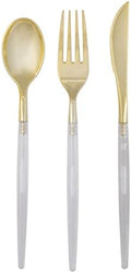 Luxe Party 128 Pieces Two Tone Plastic Disposable Cutlery | Forks-Spoons-Knives | Full Size | Chic Round | Clear and Gold by LuxeParty