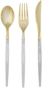 Luxe Party 128 Pieces Two Tone Plastic Disposable Cutlery | Forks-Spoons-Knives | Full Size | Chic Round | Clear and Gold by LuxeParty