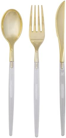 Luxe Party 128 Pieces Two Tone Plastic Disposable Cutlery | Forks-Spoons-Knives | Full Size | Chic Round | Clear and Gold by LuxeParty