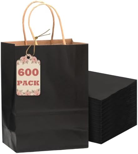 qiqee 600-Packs Black Paper Gift Bags with Handles Bulk 8.3"x6"x3.15" Small Size Paper Bags Multiple Uses by Qiqee