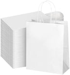 bagmad 100Pcs Pack 8x4.75x10 inch Medium White Kraft Paper Bags with Handles Bulk, Gift Bags, Craft Grocery Shopping Retail Birthday Party Favors Wedding Sacks Restaurant Takeout, Business (100) by bagmad