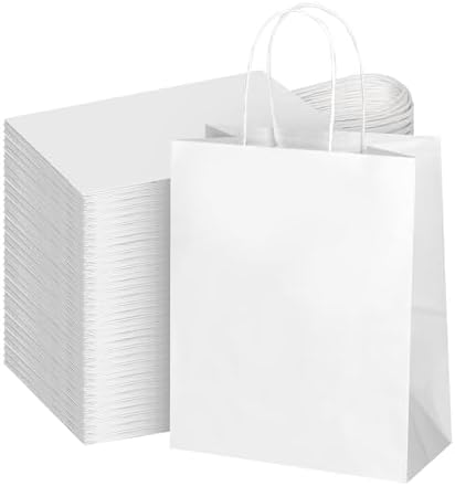 bagmad 100Pcs Pack 8x4.75x10 inch Medium White Kraft Paper Bags with Handles Bulk, Gift Bags, Craft Grocery Shopping Retail Birthday Party Favors Wedding Sacks Restaurant Takeout, Business (100) by bagmad