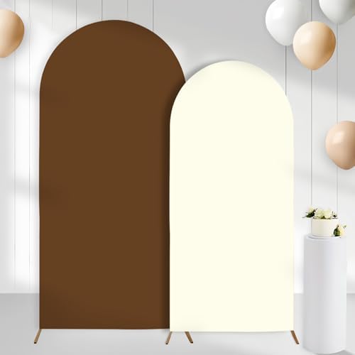 Set of 2 Arch Backdrop Covers Brown Cream(7.2Ft, 6Ft), 2-Sided Spandex Fitted Round Top Chiara Arch Backdrop Stand Covers for Baby Shower Wedding Birthday Party Decor Supplies (Only Cover) by CORNERLACE