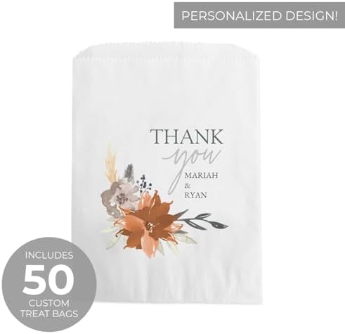 Personalized Indie Autumn Floral Thank You Treat Bags / 50 Custom Event Dessert Bags / 5 3/4" x 8" Indie Boho Floral Cookie Holder Wedding Anniversary Favor/Made In The USA - Image 2