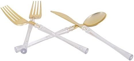 Luxe Party 128 Pieces Two Tone Plastic Disposable Cutlery | Forks-Spoons-Knives | Full Size | Neo Classic | Clear and Gold - Image 4