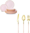 Lullaby 90pcs High End Gold Plastic Silverware with Pink Handle with 60PCS Pink Scalloped Plastic Plates with Gold Rim by LULLABY