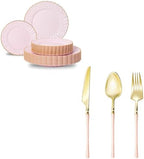 Lullaby 90pcs High End Gold Plastic Silverware with Pink Handle with 60PCS Pink Scalloped Plastic Plates with Gold Rim by LULLABY