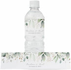 Personalized Water Bottle Labels with Choice of 30 Flower Styles - Choose Font and Pre-Made Phrases or Design Custom Text - LABELS ONLY (003 Green and Gold Leaves, 2 inch (8.5x2")) by ThePaperedWedding