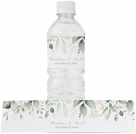 Personalized Water Bottle Labels with Choice of 30 Flower Styles - Choose Font and Pre-Made Phrases or Design Custom Text - LABELS ONLY (003 Green and Gold Leaves, 2 inch (8.5x2")) by ThePaperedWedding