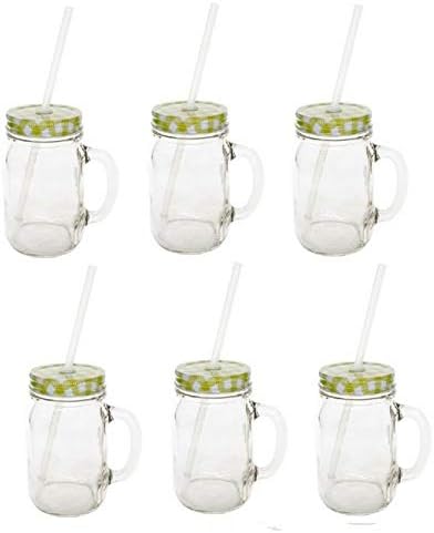 Sunshine Mason Co. Glass Mason Jar Drinking Mug set with handle, Yellow Gingham lids and Clear Straws, Set of 6 by Sunshine+Mason+Co.