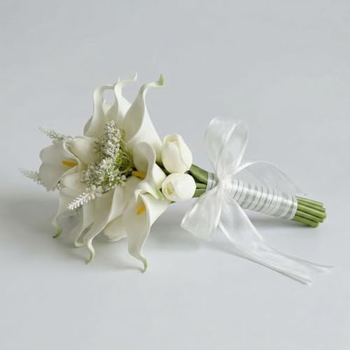 Floral Bouquet 10 Artificial Calla Lilies with 8 Artificial Tulip Flowers, Bridesmaid Bouquet with Wedding Ceremony Festivals Anniversary Bridal Rehearsal Party Bar Table Decor (White) - Image 3