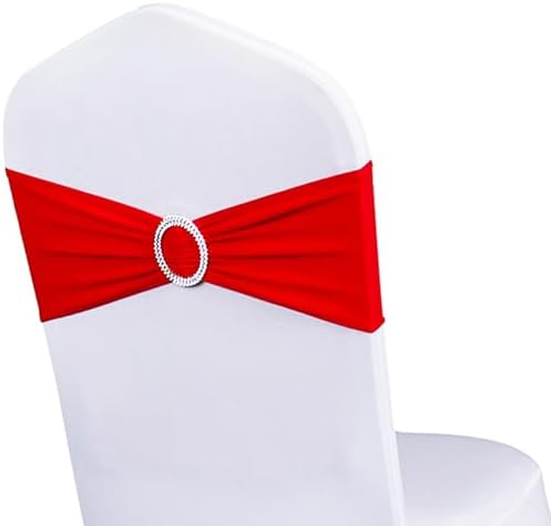 Pack of 50 Spandex Red Chair Sashes Bows Wedding Chair Bands Silver Buckles - Image 2