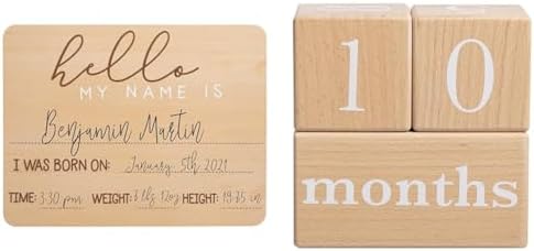 Bundle of Pearhead Baby Welcome Sign + Pearhead Wooden Baby Age Milestone Blocks, Weeks Months Years Number Blocks for Baby Gift and Nursery Decor by Pearhead