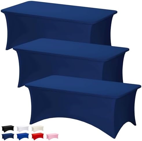 Fixwal 3 Pack 8FT Navy Blue Tablecloth Rectangle Spandex Table Cover by Fixwal