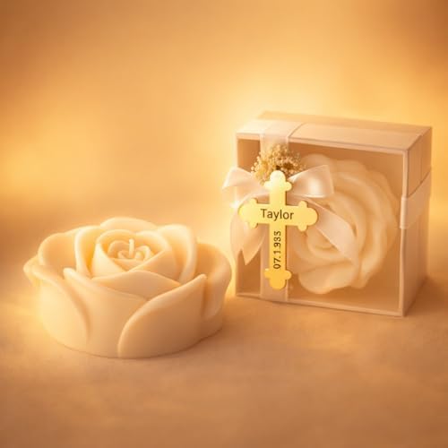 Personalized Rose Shaped Soy Candle Favors with Gold Acrylic Cross Label – Baptism & Christening Keepsake, Religious Wedding or Shower Gift Set (10–200 PCS) - Image 4