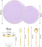 bUCLA 150PCS Purple Plastic Plates - Light Purple and Gold Disposable - Include 25 Each (Dinner & Dessert) lavender Plates, 25 Knives, 25 Forks, 25 Spoons & 25 Cups for Party, Birthday & Wedding - Image 2