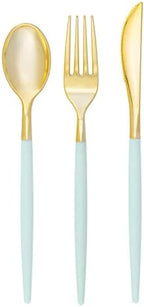 Luxe Party 128 Pieces Two Tone Plastic Disposable Cutlery | Forks-Spoons-Knives | Full Size | Chic Round | Mint and Gold by LuxeParty