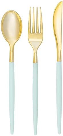 Luxe Party 128 Pieces Two Tone Plastic Disposable Cutlery | Forks-Spoons-Knives | Full Size | Chic Round | Mint and Gold by LuxeParty