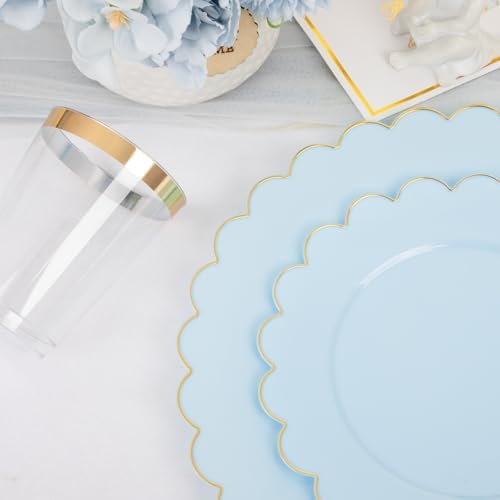 LIYH 210 Pcs Light Blue Plastic Dinnerware Set - Baby Blue Plastic Plates Napkins with Gold Foil Include Bridal Shower Plates Disposable Gold Silverware Napkins Cups for Birthday 30 Guests - Image 6