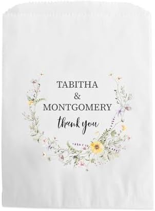 Canopy Street Personalized Wildflower Treat Bags / 50 Custom Event Dessert Bags / 5 3/4" x 8" Floral Cookie Holder Wedding Anniversary Favor/Made In The USA by CanopyStreet