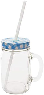 Sunshine Mason Co. Glass Mason Jar Drinking Mug set with handle, Blue Gingham lids and White Straws, Set of 6 - Image 2