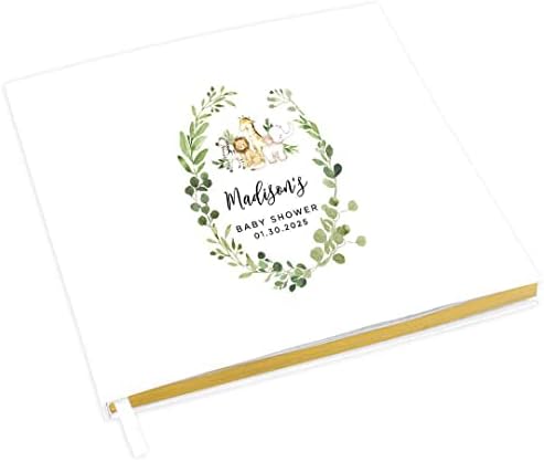 Andaz Press Personalized Baby Shower Guestbook with Gold Accents, Greenery with Baby Safari Animals Custom, White Guest Sign In Registry 120 Pages 8.5 X 8.5 Memories Book for DIY Scrapbook Photo Album by AndazPress