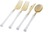 Luxe Party 128 Pieces Two Tone Plastic Disposable Cutlery | Forks-Spoons-Knives | Full Size | Neo Classic | Clear and Gold - Image 2