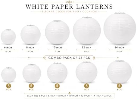 White Paper Lanterns Decoration Set of 25 – Hanging Chinese Lanterns for Wedding, Birthday, Baby Shower, Bridal Shower, Christmas, Party & Home Decor – 6, 8, 10, 12 & 14 Inch Combo Pack - Image 2