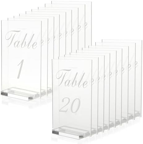 20PCS Acrylic Wedding Table Numbers 1-20 with Stands, 4x6 inches Clear Table Numbers for Wedding Party Reception Sign Place Number Cards Printed Calligraphy Font for Event Banquet Anniversary by FVIEXE