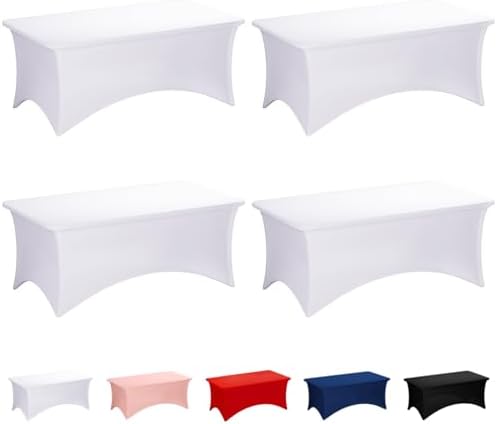Fixwal 4 Pack 6FT White Tablecloth Rectangle Spandex Fitted Table Cover by Fixwal
