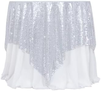 Poise3EHome Silver Sequin Tablecloth 90×90 Inch Square Sequin Fabric Table Cover Overlay for Christmas Baby Shower Birthday Party Wedding Holiday Cake Table Decoration by Poise3EHome