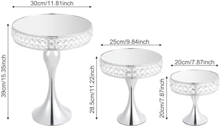 3pcs Round Mirror Cake Stands, Metal Cupcake Display Stand with Crystals, Dessert Pedestal Cupcakes Dessert Cheese Display Plates for Wedding Birthday Party for Baby Shower Home Decor - 15/11/8 Inch Tall (Silver) - Image 4