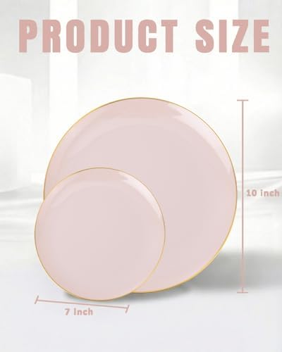 bUCLA 100PCS Pink Plastic Plates - Pink Disposable with Gold Rim - Include 50 Each (10 inch Dinner & 7 inch Dessert) Plates, Ideal for Party, Wedding & Birthday - Image 2