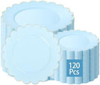LIYH 120 Pcs Heavy Duty Baby Blue Scalloped Plastic Plates with Gold Rim by LIYHLoveinyourheart