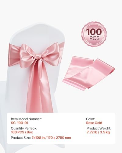 VEVOR Satin Chair Sashes Bows, Chair Ribbon Ties Back Sash, 7 x 108 inch, Wedding Reception Decoration, for Wedding Ceremony Baby Shower Party Events Banquet Cover Decoration (Rose Gold, 100pcs) - Image 7