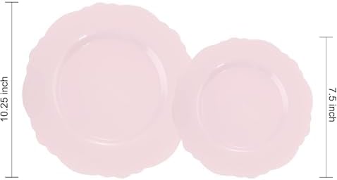 WDF 60pcs Pink Plastic Plates - Baroque Pink Disposable Plates Including 30 Dinner Plates 10.25inch, 30 Dessert Plates 7.5inch for Upscale Wedding/Baby Shower/Spring - Image 6