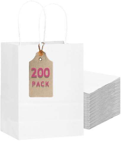 qiqee 200-Packs White Paper Gift Bags with Handles Bulk 10.6"x8.3"x4.3" Medium Size Paper Bags Multiple Uses by Qiqee